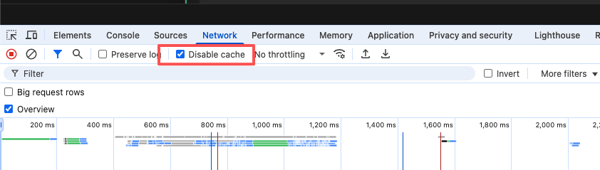 Network 面板中 Disable cache 被自动勾选的状态