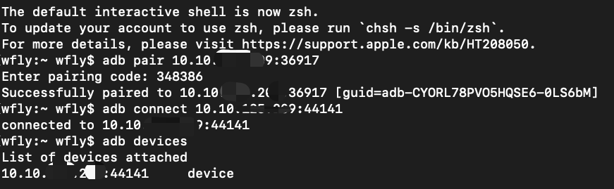 adb devices 命令的输出,设备列表中显示无线连接的设备 IP 端口及 device 状态
