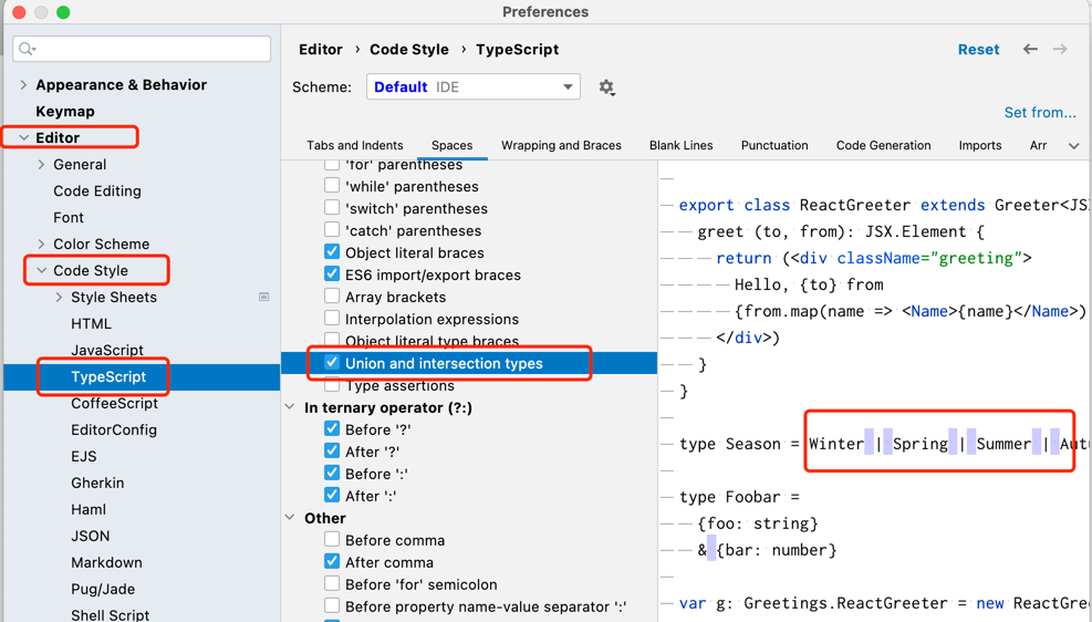 WebStorm 设置面板 Editor - Code Style - TypeScript 的 Spaces 标签页,勾选 Around union/intersection types