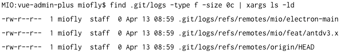 find 命令列出 .git/logs 目录下所有 0 字节的空 reflog 文件,输出中可见文件大小为 0 及对应的分支路径