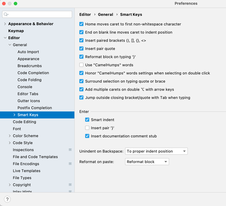 WebStorm 设置面板 Editor - General - Smart Keys 中的 Reformat on paste 下拉选项