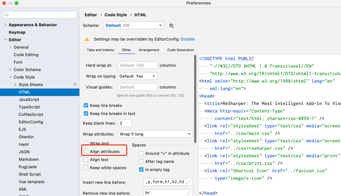 WebStorm 代码风格设置中 HTML 的属性对齐选项,取消勾选后属性换行不再与首个属性对齐