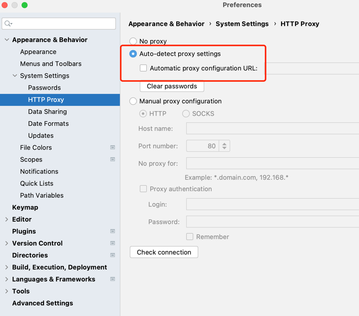 WebStorm 设置面板 System Settings - HTTP Proxy 的手动代理配置与连接检测按钮