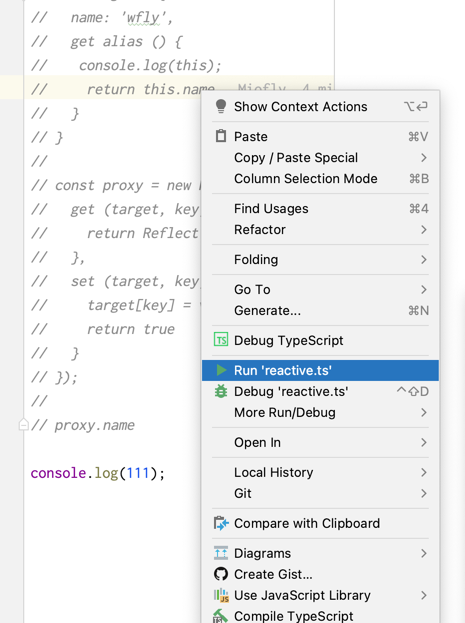 WebStorm 中右键 TypeScript 文件后弹出的菜单,包含插件提供的 Run 运行选项