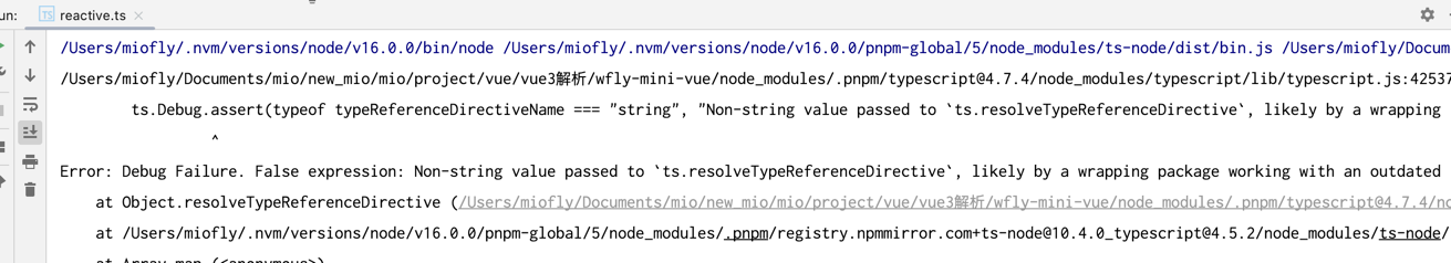 WebStorm 运行 TypeScript 文件时的报错信息,提示 ts-node 相关的模块解析失败