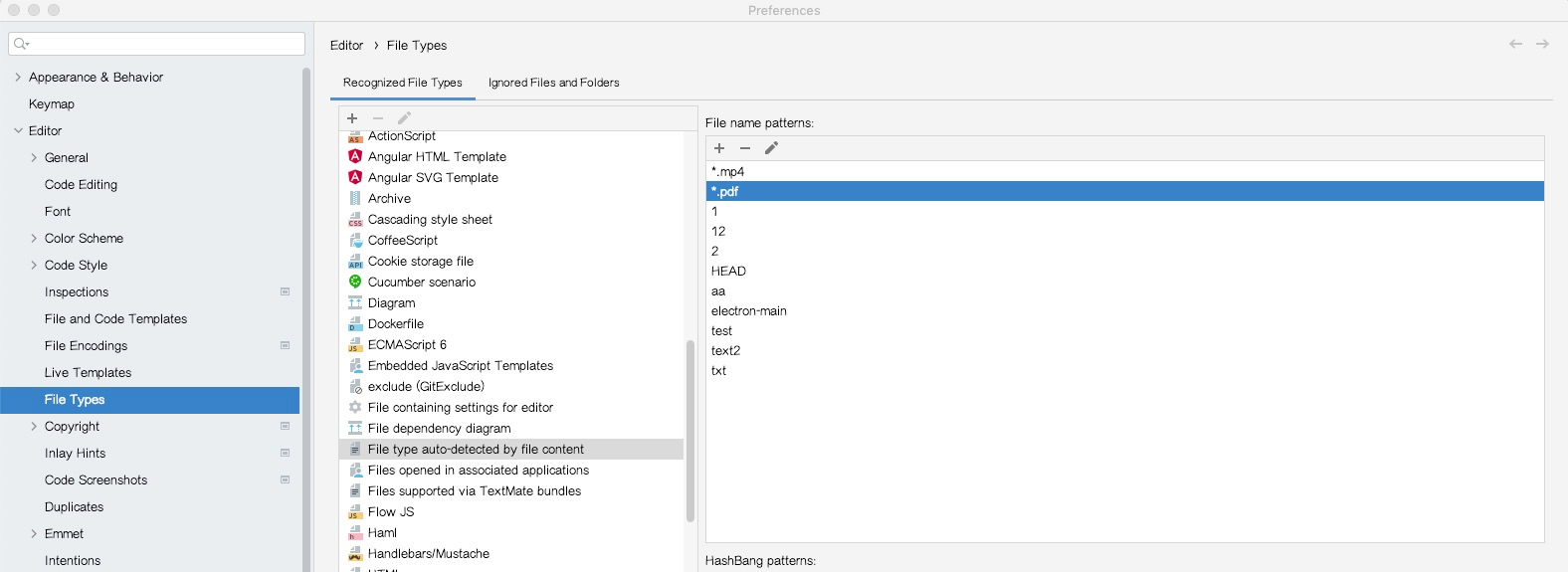 WebStorm 文件类型设置中 .pdf 被错误归类为自动识别类型
