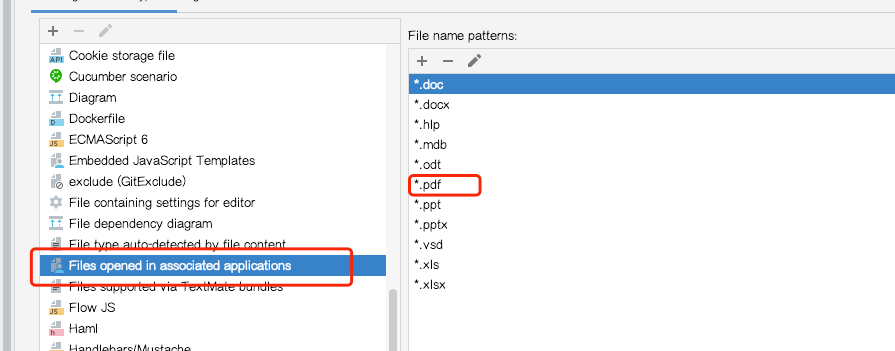 WebStorm 中 .pdf 正确归入 Files opened in associated applications