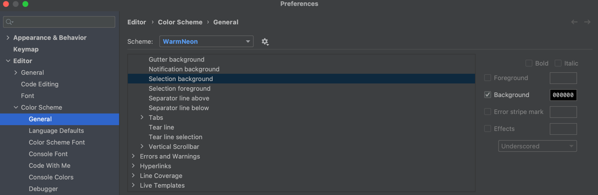 WebStorm 配色方案 General - Editor 中选中块 Selection background 背景色设置