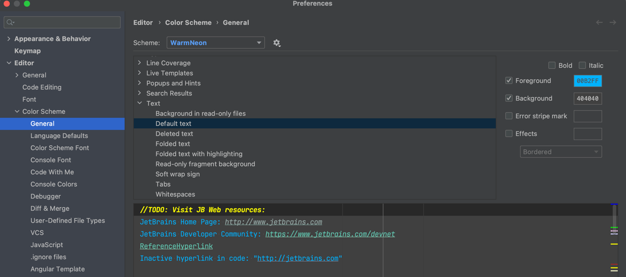 WebStorm 配色方案中未使用 import 语句的前景色与效果设置面板