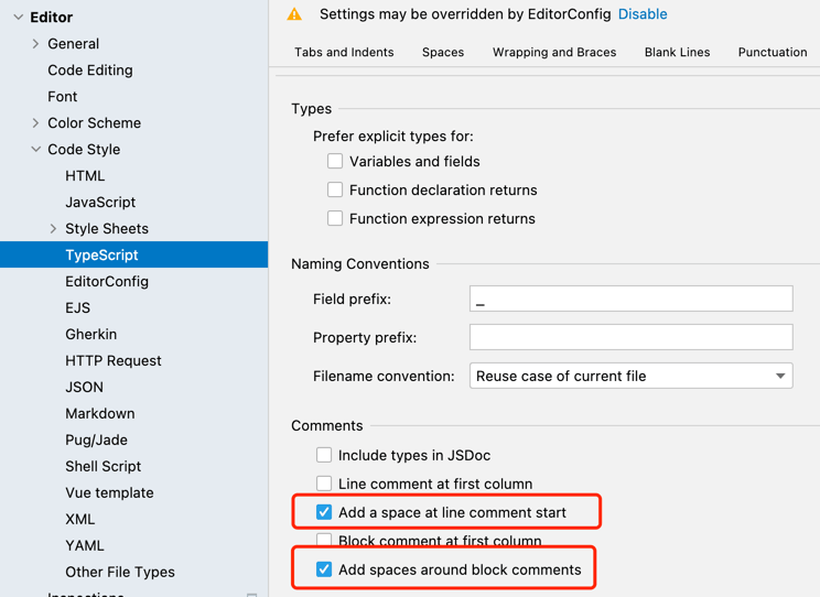 webstorm注释位置空格设置