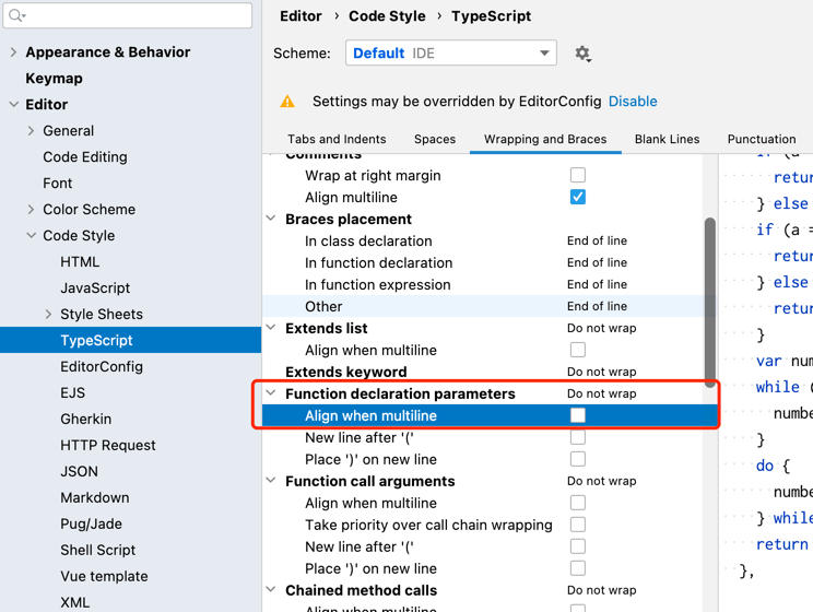 WebStorm 设置面板 Code Style 的 Wrapping and Braces 标签页,函数参数换行与 Align when multiline 对齐选项