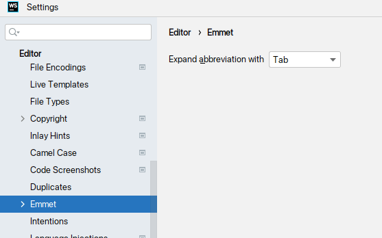 WebStorm 设置面板 Editor - Emmet - HTML 中启用 Emmet 与展开缩写按键的下拉配置
