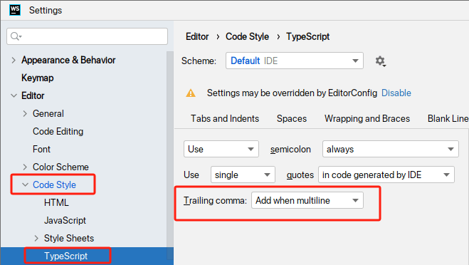 WebStorm 设置面板 Code Style - JavaScript 的 Punctuation 标签页,Trailing comma 尾随逗号下拉选项