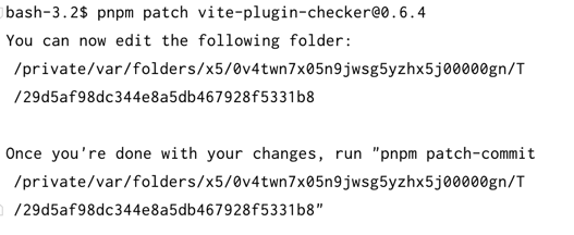 pnpm patch 命令执行后的终端输出,提示已将包解压到系统临时目录并给出该目录的绝对路径