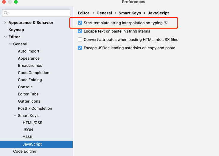 WebStorm 设置面板 Editor - General - Smart Keys 中 JavaScript 分组的模板字符串自动补全选项