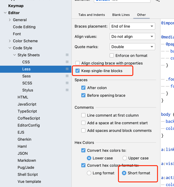 WebStorm 设置面板 Code Style - Style Sheets 的 Other 标签页,Hex Colors 分组的大小写与长度选项