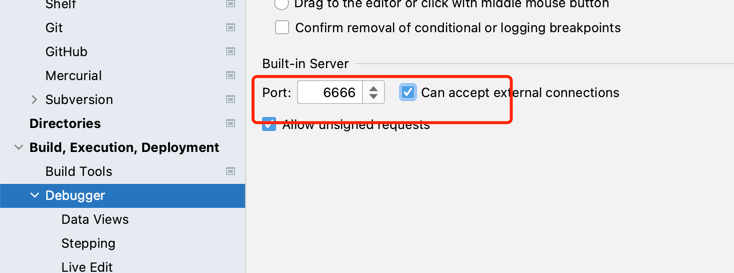 WebStorm 设置面板 Build, Execution, Deployment - Debugger 中内置服务器端口与允许外部连接选项