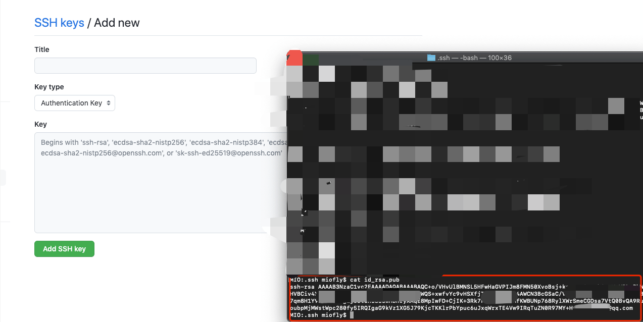 GitHub 添加 SSH key 的表单页面,包含 Title 标题输入框、Key type 类型选择和 Key 公钥内容粘贴区域