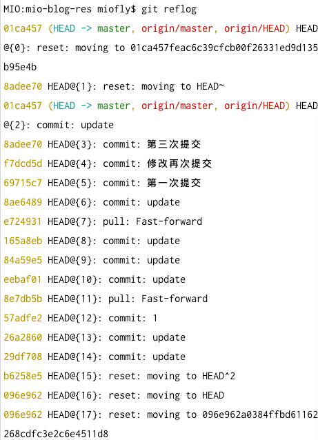git reflog 输出,显示 HEAD@{n} 引用与对应的操作类型