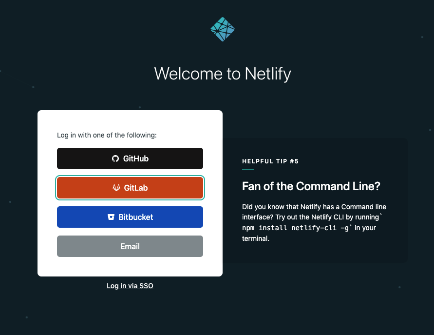 Netlify 注册页面,提供 GitHub、GitLab 等第三方账号登录入口