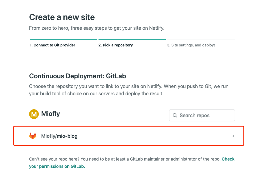 Netlify 部署配置页面,包含分支选择、构建命令和发布目录三个关键字段