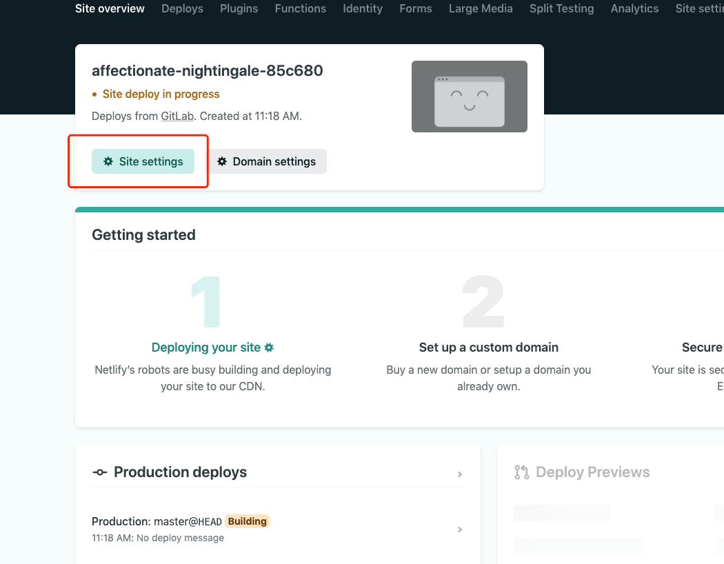Netlify 站点概览页面,显示自动分配的默认访问域名和站点设置入口