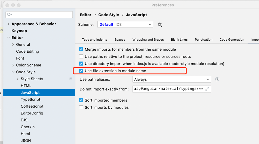 WebStorm 设置面板 Editor - Code Style - JavaScript 的 Imports 标签页,含 Use file extension in module name 下拉选项